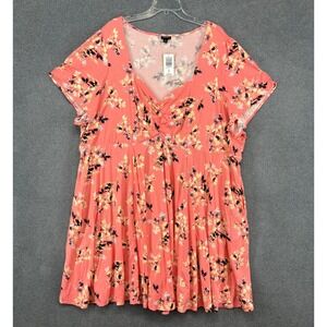Torrid Babydoll Dress Women 6 6X 30 Coral Floral Ruched V-Neck Challis
